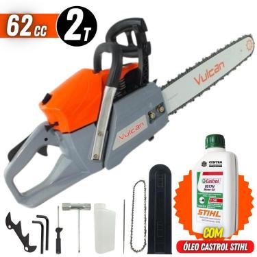 Imagem de Motosserra Profissional Vulcan VS620 á Gasolina 2T 62cc 4HP 11500rpm Com Ignição Eletrônica e Corrente de 34 Dentes + Óleo Castrol Sthil de 2 Tempos
