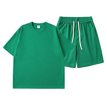Imagem de Ternos de jaqueta para homens adulto verão cor sólida simples casal camiseta shorts terno de duas peças trajes de banho europeus homens, Verde, M