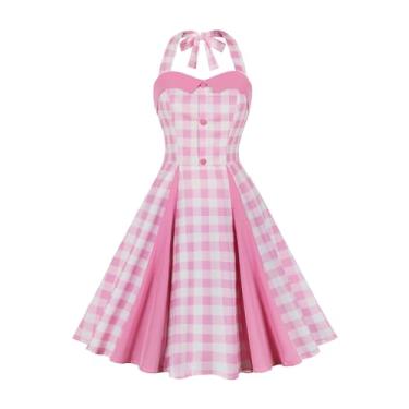 Imagem de Vestido feminino rockabilly sem mangas gola redonda vestido de coquetel color block retro swing vestidos de verão femininos com, rosa, GG
