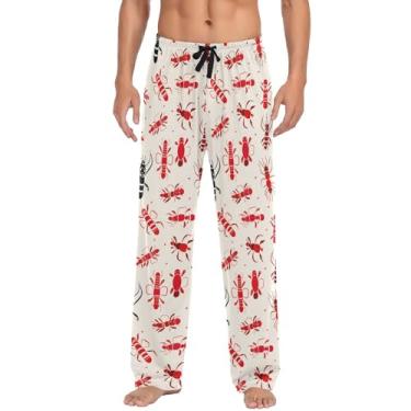 Imagem de Calça de pijama masculina, calça de pijama masculina Mardi Gras dourada e roxa pijama masculino para presentes de dia dos namorados, Lagostas vermelhas, GG