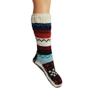 Imagem de Tibetan Socks Meias longas de lã forradas à mão com sola antiderrapante, Vermelho, 11-12.5 Women/9-10.5 Men