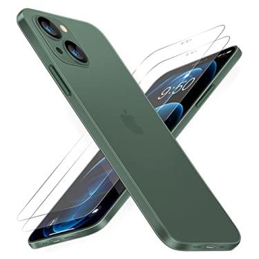 Imagem de Dataroad Capa fina para iPhone 14 Plus [Paper-Fino] 0,2 mm 6,7 polegadas, com 2 protetores de tela de vidro temperado, ajuste transparente [não amarela] capa de telefone ultra protetora [anti-impressões digitais], verde
