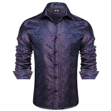 Imagem de Hi-Tie Camisas sociais masculinas formais de seda preta azul marinho Paisley camisas de manga comprida abotoadas camisas de ajuste regular para festa de formatura, GG, Azul-marinho e preto, GG