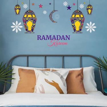 Imagem de Adesivos de parede Eid Mubarak Lanterna colorida lua estrela decalques de parede decorações do Ramadã para casa quarto papel de parede decoração islâmica adesivos de janela papel de parede muçulmano