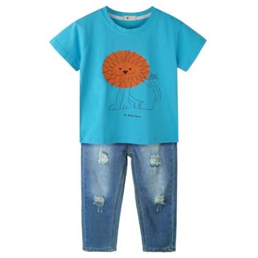 Imagem de CHUMHEY Camiseta jeans rasgada de algodão com estampa de tubarão elefante e leão para meninos pequenos, 2 peças, Azul-claro-0156, 6-7 Anos