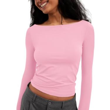 Imagem de Tankaneo Camisetas femininas de manga comprida básicas para sair com gola canoa Y2K, rosa, P