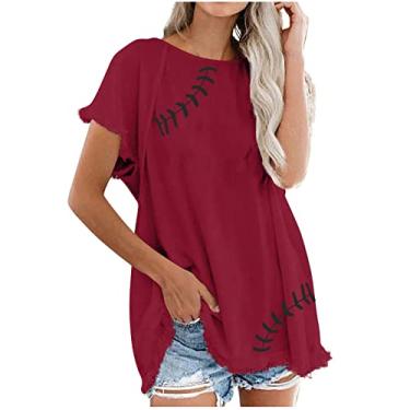 Imagem de Duobla Camiseta feminina com estampa de beisebol com letras plus size de beisebol tamanho grande de verão camiseta casual de manga curta, A-1-vinho, GG
