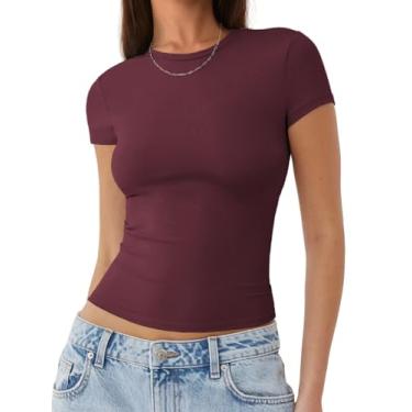 Imagem de MIROMIHO Camisetas femininas básicas, gola redonda, manga curta, tops bonitos de verão, modelagem justa, roupas Y2k 2024, Vinho tinto, XX-Large