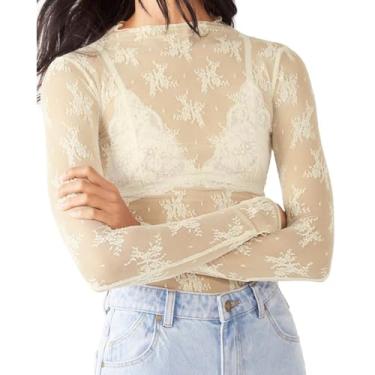 Imagem de Camiseta feminina de malha transparente de manga comprida com gola redonda de renda floral transparente, Flor bege, P