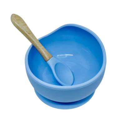 Imagem de tigela em silicone com ventosa e colher com cabo de madeira (AZUL)