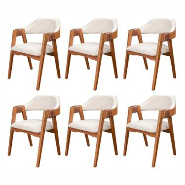 Imagem de Conjunto com 6 Cadeiras de Madeira 100% Maciça, Estofada e Braço em Couro Original Bélgica Living ou Imbuia/boucle Cru