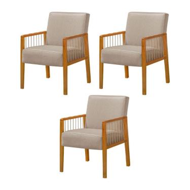 Imagem de Kit 3 Poltronas Decorativa Base em Madeira Maciça e Corda Náutica Copacabana Linho Bege