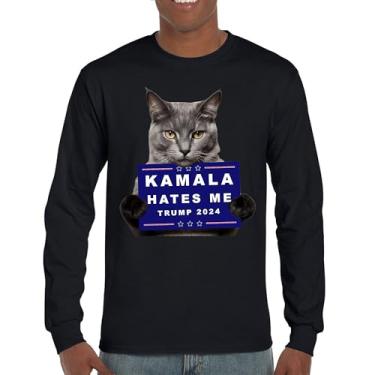 Imagem de Kamala Hates Me Trump 2024 Camiseta de manga comprida Engraçada Gato Republicano Pet Anti Harris Vote Vermelho MAGA Kitten 47 Fight, Preto, M