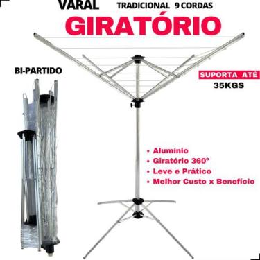 Imagem de Varal 9 Cordas Giratório 100% Alumínio Parabolico - Bipartido - HS PRO