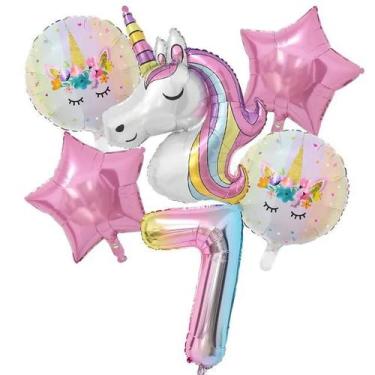 Imagem de Kit Balão Unicórnio 5 Anos Bexiga Número aniversário menina decoração 