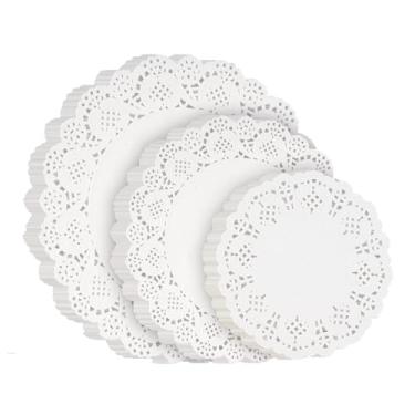 Imagem de Doilies de papel tamanhos sortidos, 99 peças de doilies para alimentos, 11,4 cm, 16,5 cm e 21,5 cm, doilies de papel descartáveis para mesas, jogo americano de papel redondo a granel para bolos, sobremesas artesanais (branco)