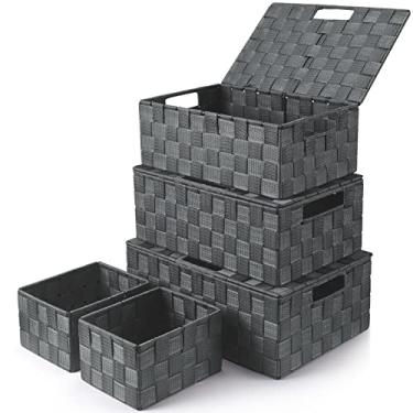 Imagem de Uvellgift Caixas de Armazenamento com Tampas, Recipientes Organizadores de Caixa de Armazenamento Tecido, Cestas Decorativas, Cubo para Roupas, Quarto, Armário, Escritório (5 Pacotes, Cinza)