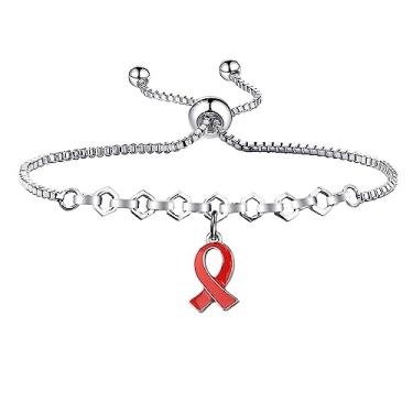 Imagem de POTIY Pulseira de fita de conscientização vermelha para doenças cardíacas, pulseira ajustável com pingente de fita vermelha para mulheres, Metal