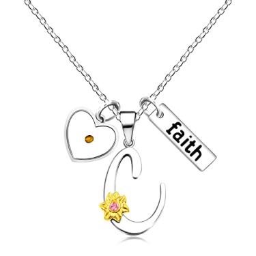 Imagem de Uloveido A-Z 26 Colar com pingente de girassol do alfabeto para mulheres, meninas, aço inoxidável, pingente religioso, coração, semente de mostarda, fé, nome e letra Y2930, Aço inoxidável, Zircônia