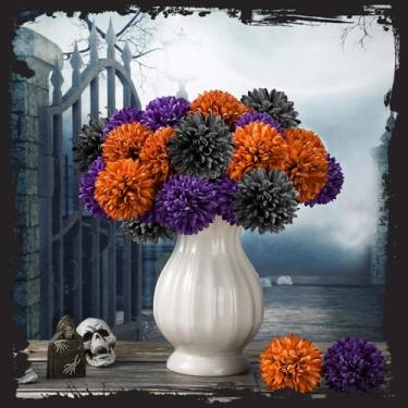 Imagem de XunYee 24 peças flores artificiais Halloween crisântemos bola flores pretas laranja roxo falso hortênsia para festa de Halloween casa mesa centro de mesa decoração vaso