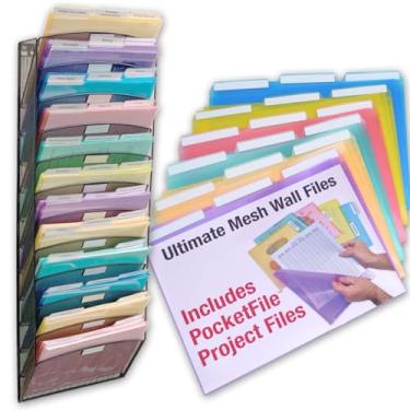 Imagem de Ultimate Office Organizador de arquivos de parede de malha, suporte vertical de 12 camadas para pendurar o organizador de arquivos multiusos inclui 18, bolsos transparentes para pasta de documentos (Preto)