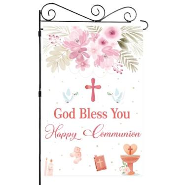 Imagem de Labakita Bandeira de jardim Happy Communion, bandeira de jardim First Communion God Bless You, comunhão, batismo, chá de bebê, batizado, decoração externa (ouro rosa)