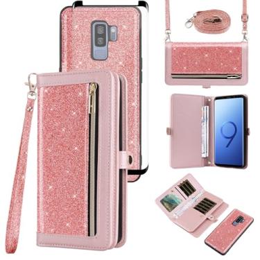 Imagem de Asuwish Capa de celular para Samsung Galaxy S9 Plus carteira com zíper destacável com película de vidro temperado, alça com glitter, suporte para cartão S9+ 9S 9+ S 9 9plus S9plus mulheres meninas
