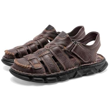 Imagem de Moodeng Sandálias masculinas de couro para esportes ao ar livre, sandálias atléticas para caminhadas, costura à mão, caminhada confortável, Marrom escuro, 38