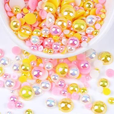 Imagem de Pérolas planas para artesanato, 50 g tamanho misto 3/4/5/6/8/10 mm amarelo rosa branco pérolas meias redondas contas para copos sapatos roupas copo projetos arte facial unhas