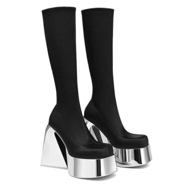 Imagem de UNWRBD Botas elásticas plataforma impermeável tamanho grande bico redondo salto grosso botas de inverno feminino salto alto, Preto, US9 EU43