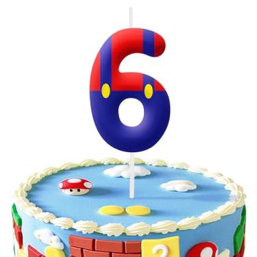 Imagem de Velas com número de 6 anos de aniversário de 6 anos, decorações de topo de bolo de velas número 6 para festas temáticas de jogos de desenho animado, velas de bolo de aniversário para meninos e