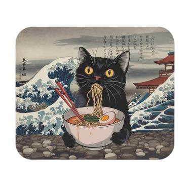 Imagem de Mouse pad de gato preto comendo ramen antiderrapante para jogos computador pc gato meme mousepad base de borracha para escritório casa presente Japão amante de comida sopa ramen gráfico arte japonesa
