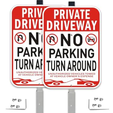 Imagem de Pacote com 2 placas privadas para entrada de automóveis sem estacionamento, 35,5 cm x 25,4 cm, placas de condução privada sem virar com 36 estacas, alumínio refletivo resistente ao desbotamento,