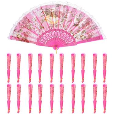 Imagem de QIRMIZI Pacote com 20 leques grandes dobráveis de seda - Elegante ventilador chinês de rave, ventilador renascentista portátil para festival, dança e decorações, rosa