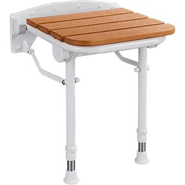 Imagem de Assento de chuveiro dobrável de madeira, cadeira de chuveiro montada na parede, com pernas de suporte de liga de alumínio, altura ajustável, para idosos, deficientes, capacidade de carga 150 kg