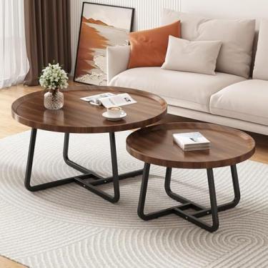 Imagem de Mesa de centro industrial redonda – mesas de café para sala de estar moderna mesa de chá, mesa central para sala de estar, mesas de jantar para espaços pequenos, nogueira, 1 conjunto - 70+50