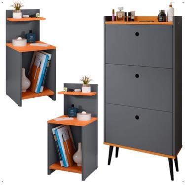 Imagem de Kit Quarto 2 Mesas Cabeceira Mesinha Fantasy Lateral Cama Sapateira Vertical Dark Organizadora Calçados Unissex Cinza/Cinamomo - Lojas RPM