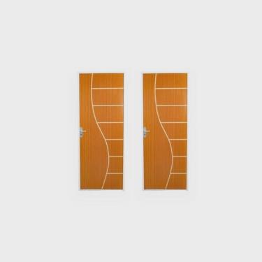 Imagem de 2 Kits Porta de Madeira Decorada 215x85cm com Batente de Aço 06cm Cantareira Mogno