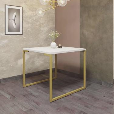 Imagem de Mesa de Jantar Office Stan Industrial 4 lugares Quadrada 90 cm Ferro Dourado Tampo 100% mdf Branco - Ahazzo Móveis