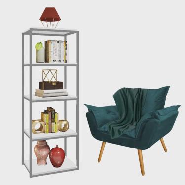 Imagem de Kit Poltrona Fatte com Manta Soft Verde e Estante Livreiro Ferro Prata mdf Branco Suede Azul Turquesa - Ahazzo Móveis