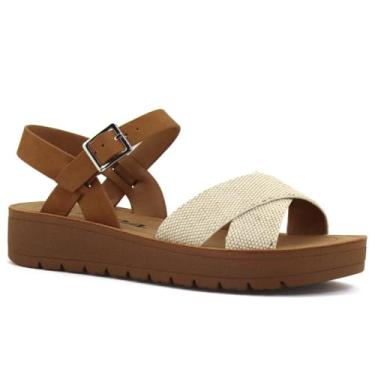 Imagem de Soda Sandália rasteira "Chester-5.1 cm ~ Crianças pequenas/crianças/meninas, bico aberto, faixa cruzada, Nobuck bege/caramelo, 11 Little Kid