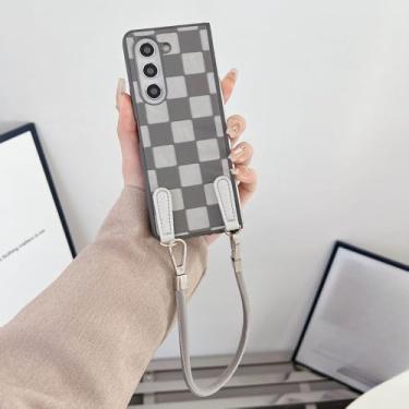 Imagem de Capa de couro PU com alça de pulso xadrez para Samsung Galaxy Z Fold 6 Fold 5 4 Fold 3 5G Capa de proteção, cinza, para Samsung Galaxy Z Fold6