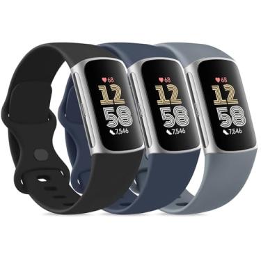 Imagem de Amzpas Pulseiras para Fitbit Charge 6 para mulheres e homens, pacote com 3, pulseira esportiva de silicone macio ajustável à prova d'água para Fitbit Charge 5
