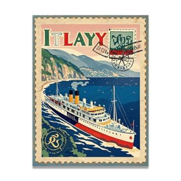 Imagem de Silhueta de navio com textura envelhecida Impressão em tela vintage italiano de navio a vapor - Carimbo de papel envelhecido 50 x 65 cm