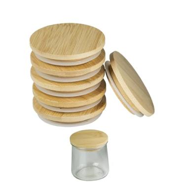 Imagem de TEHDYCU Pacote com 6 tampas de jarra de iogurte Oui, capas de bambu perfeitas para potes de iogurte Oui de 142 g, tampas de conserva de madeira reutilizáveis de grau alimentício com anel hermético