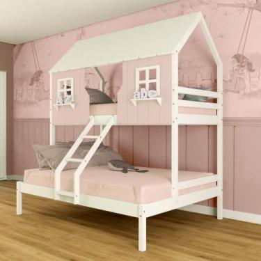 Imagem de Beliche Casal/ Solteiro Casinha Encantada Madeira Maciça Rosa/ Branco 