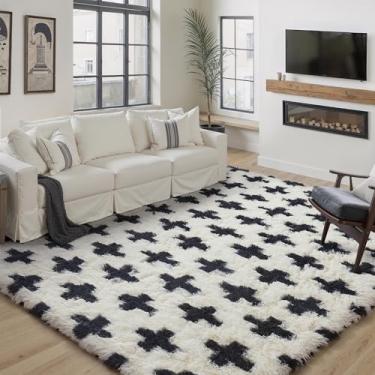 Imagem de PureCozy Tapete quadriculado 12 x 18 cm para sala de estar, preto e branco, moderno, supermacio, lavável, tapete felpudo antiderrapante para quarto, casa, decoração estética