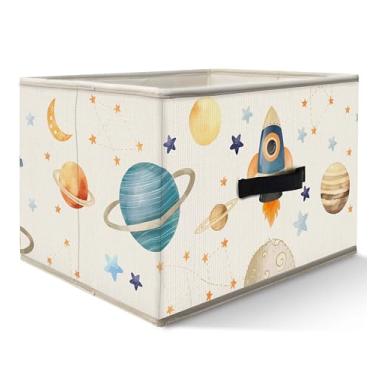 Imagem de Nogrit Caixa de armazenamento de berçário espacial, caixa de brinquedos para meninos, planetas espaciais, foguete, astronauta, cestas dobráveis com alças para crianças, meninos, quarto, banheiro