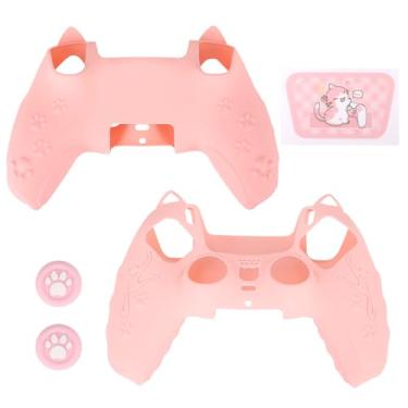 Imagem de lasuroa Conjunto Capa Rosa Controle para PS5, Patinha Gato Fofa Capa Silicone Antiderrapante Acessórios Controle Sem Fio para PS5 Carcaça Protetora com Capas Polegares & Adesivo Touchpad