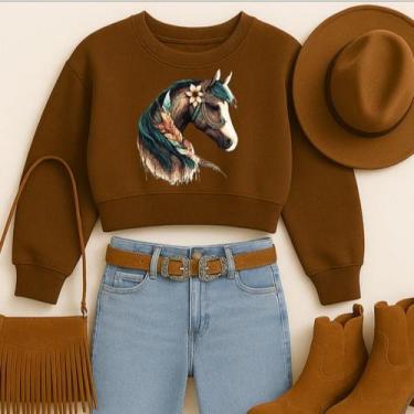 Imagem de Cropped Moletom Country Estampa Cavalo Colorido Moda Western Faroeste 